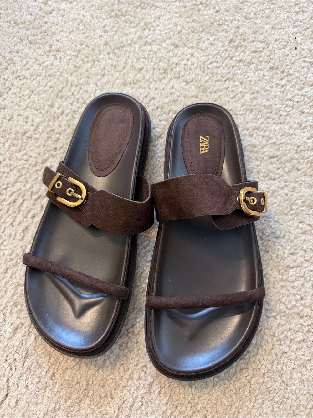 Zara Dark Brown Suede Buckle Slide Sandals